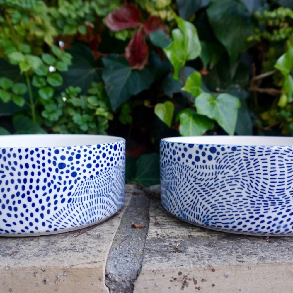 Modern Ceramic Dog Bowl in Blue Dot Pattern